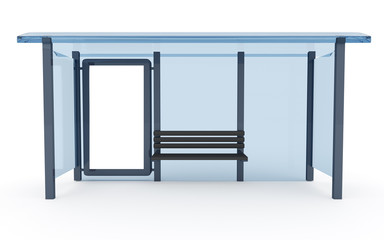 3D rendering of bus stop with blank vertical billboard (light box) isolated on white background