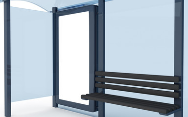 3D rendering of bus stop with blank vertical billboard (light box) isolated on white background