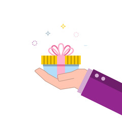 Hand with gift box in flat style. Vector illustration.