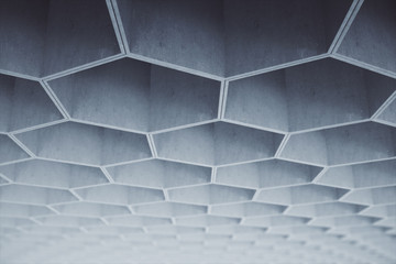 Abstract light grey hexagon concrete pattern on ceiling. 3D Rendering