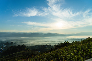 Misty morning sky in the mountains.