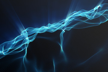 Landscape background. Cyberspace landscape grid. 3d technology. Abstract landscape on black background with light rays. 3d rendering