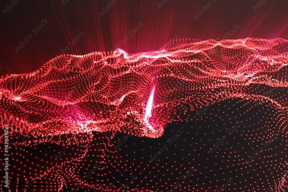 Poster landscape background. cyberspace landscape grid. 3d technology. abstract red landscape on black back