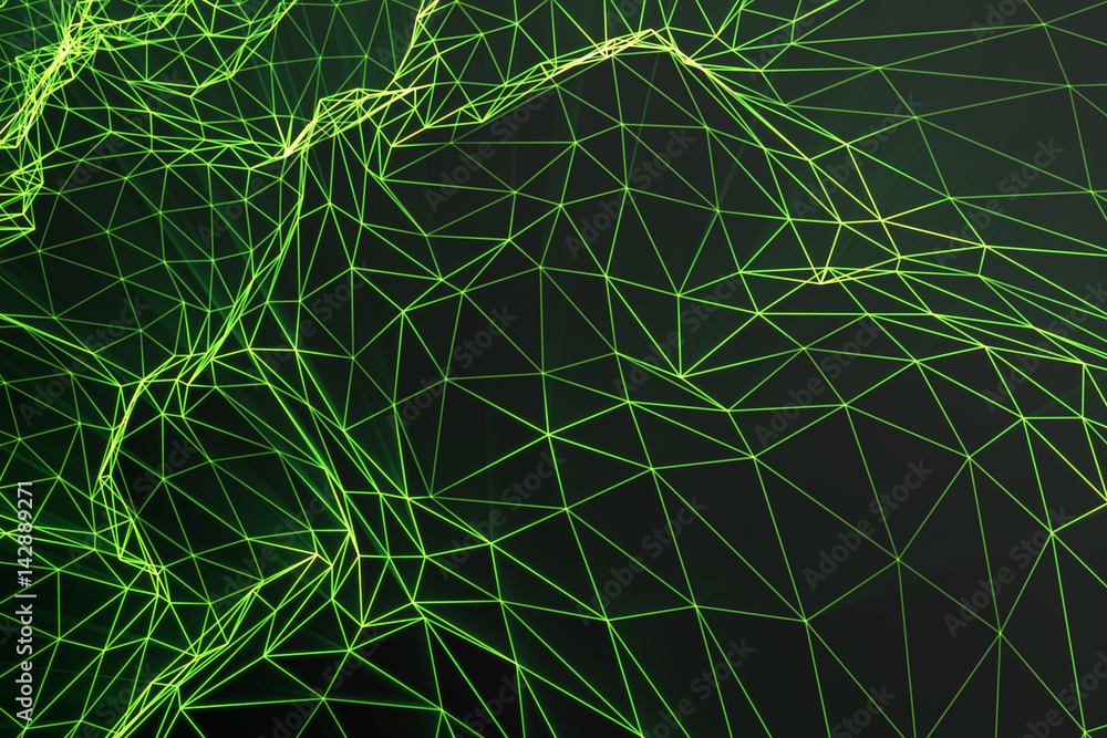 Poster low poly dark background with connecting donts and lines. futuristic background, light and shine eff