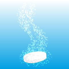 Effervescent Tablet in water with bubbles, on a blue background.