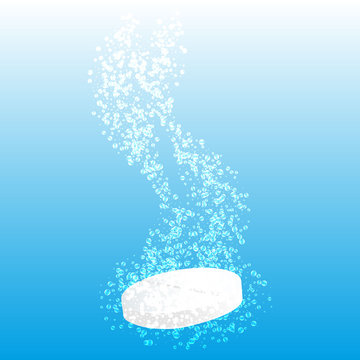 Effervescent Tablet in water with bubbles, on a blue background.