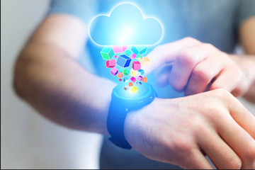 Concept of cloud storage icon flying out a smartphone - technology concept