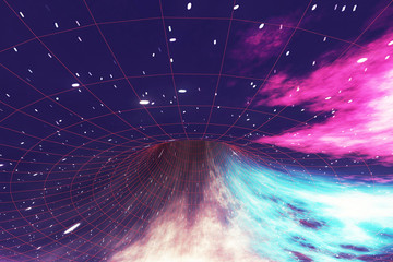 Fototapety  Świecąca wormhol w kosmosie, międzygwiezdna osnowa, podróżowanie w czasie i przestrzeni. renderowanie 3d