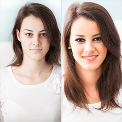 Before and after makeup.Beautiful young girl with and without makeup