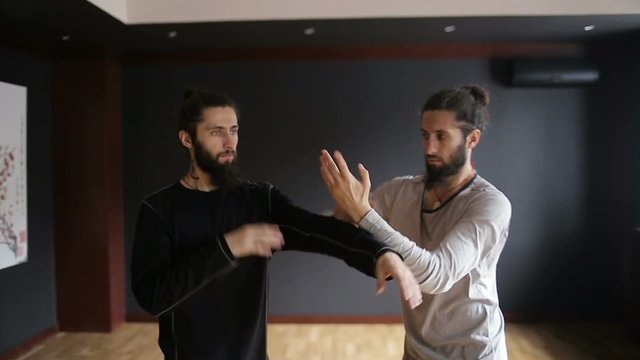 Twin brothers practicing tai chi blows in the training hall