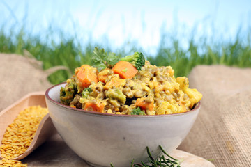 Lentil curry with carrot, cauliflower, broccoli and onion in a bowl. Healthy lifestyle. Diet menu