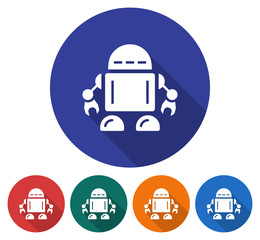 Round icon of robot. Flat style illustration with long shadow in five variants background color