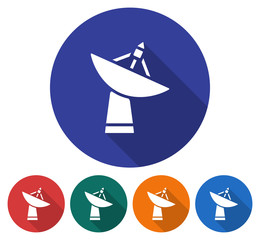 Round icon of radar telescope. Flat style illustration with long shadow in five variants background color