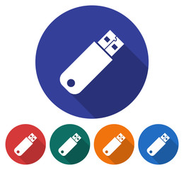 Round icon of  USB device. Flat style illustration with long shadow in five variants background color