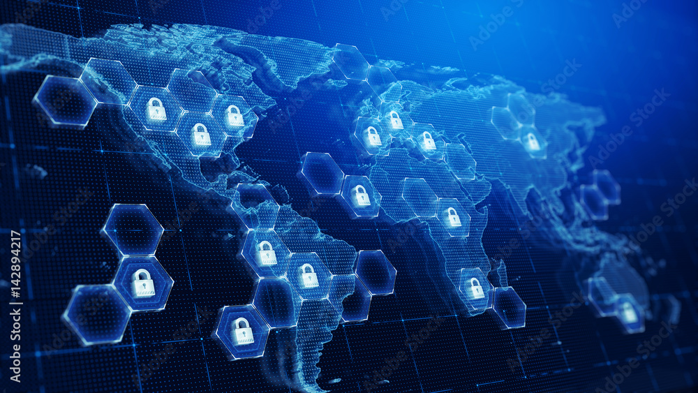 Poster techology world map and padlocks icons -technology security concept background. 3d render