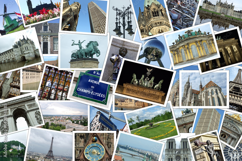 Wall mural collage of many photographs of cities and travel destinations in europe