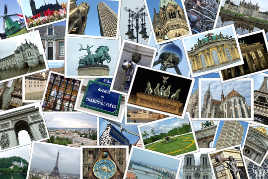 Collage of many photographs of cities and travel destinations in Europe