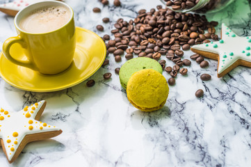 Still life with coffee and dessert on marble background