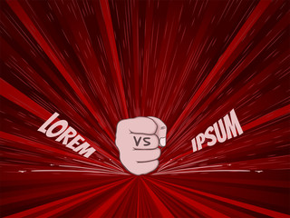 Versus letter on red background.  Fist with radial explosions lines. Vector illustration.