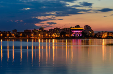 Beautiful night view of the embankment of the river Kazanka, Kazan, Tatarstan, Russia