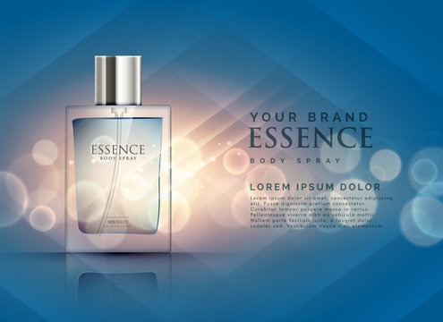 essence perfume ads concept with transparent bottle and bokeh light background