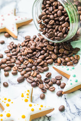 Still life with coffee and dessert on marble background