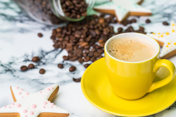 Still life with coffee and dessert on marble background