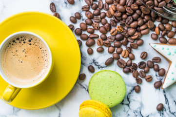 Still life with coffee and dessert on marble background