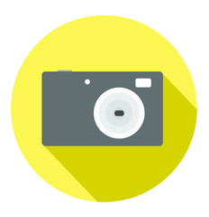 Camera vector icon in yellow round background isolated.