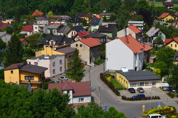 Widok osiedla mieszkaniowego w Oświęcimiu z lotu ptaka w lecie/Aerial view of settlement in Oswiecim town in summer, Lesser Poland, Poland