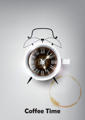 A realistic cup of black coffee and coffee cup stain with coffee clock concept , transparent vector