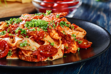 Pappardelle pasta with shrimp, tomatoes and herbs