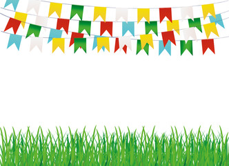 A protective card or invitation for a holiday. Green grass and garland of colorful flags. Vector. Free space for text