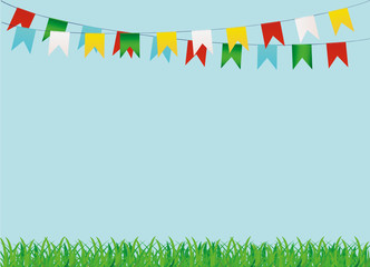 A protective card or invitation for a holiday. Green grass and garland of colorful flags. Vector. Free space for text