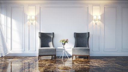 Luxury in the Living RoomModern. Classic Armchair in Living room. wall moulding / 3D render image