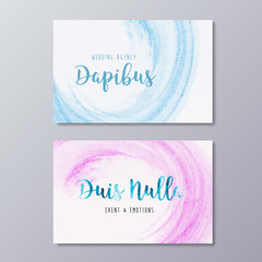 Premade wedding agency business card design templates. Hand drawn abstract pink watercolor paint brush texture and event manager branding identity.