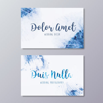 Premade wedding photography business card design. Hand drawn abstract blue watercolor texture and wedding branding identity.
