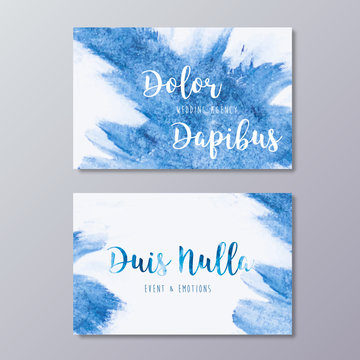 Premade wedding agency business card design templates. Hand drawn abstract blue watercolor splash texture and event manager branding identity.