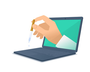 Computer, doctor's hand holding a pipette. Medic through the laptop screen drips vaccine to patient. Tele, online, remote medicine concept. Vector flat isolated illustration on white background.