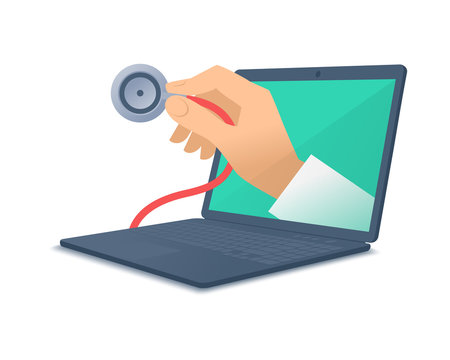 Computer, doctor's hand holding a stethoscope. Medic through the laptop screen checking pulse. Tele, online, remote medicine concept. Vector flat isolated illustration on white background.
