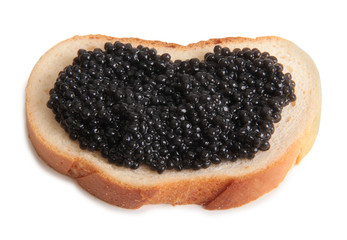 Fish eggs and bread on white background