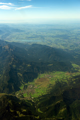 Aerial view of village in the mountains of the Alps.
