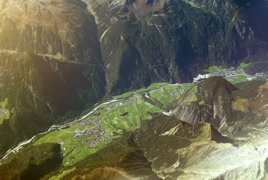Aerial view of village in the mountains of the Alps.