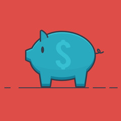 Piggy Bank Simple  in Flat Line Design - Vector Illustration