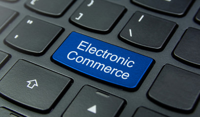 Close-up the Electronic Commerce button on the keyboard and have Blue color button isolate black keyboard