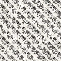 Monochrome minimalistic tribal seamless pattern with arc lines. Vector background with inky black art on white rounded stripe.