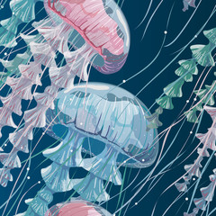 Fototapeta premium Wzór ze szczegółowymi przezroczystymi meduzami. Różowy i niebieski galaretka morska na niebieskim tle. Ilustracji wektorowych