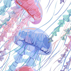 Naklejka premium Seamless pattern with detailed transparent jellyfish. Pink and blue sea jelly on white background. Vector illustration