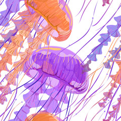 Seamless pattern with detailed transparent jellyfish. Orange and fiolet sea jelly on white background. Vector illustration