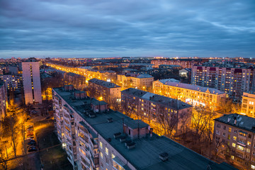 Fototapeta na wymiar Evening Voronezh skyline from rooftop. Voronezh Aviation Technical School 